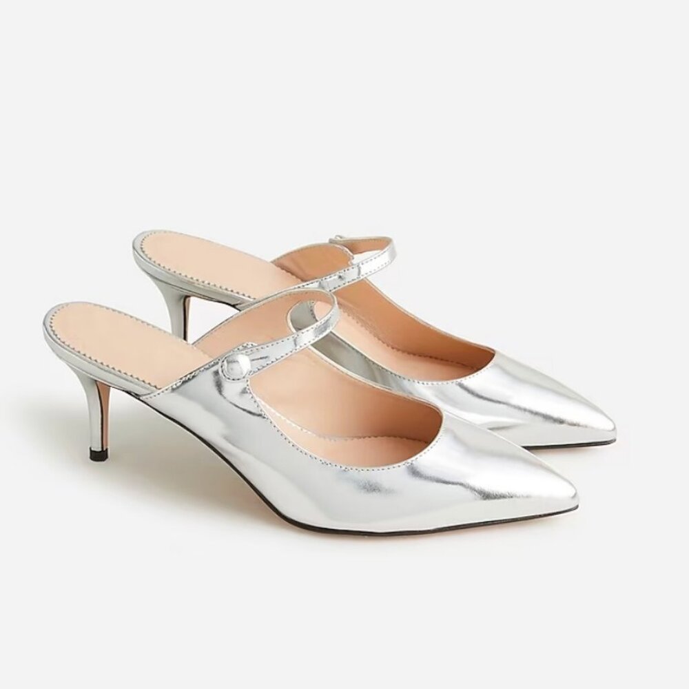 J.Crew $228 Colette Mule Heels Silver Specchio Italian Leather Size 6 BM692